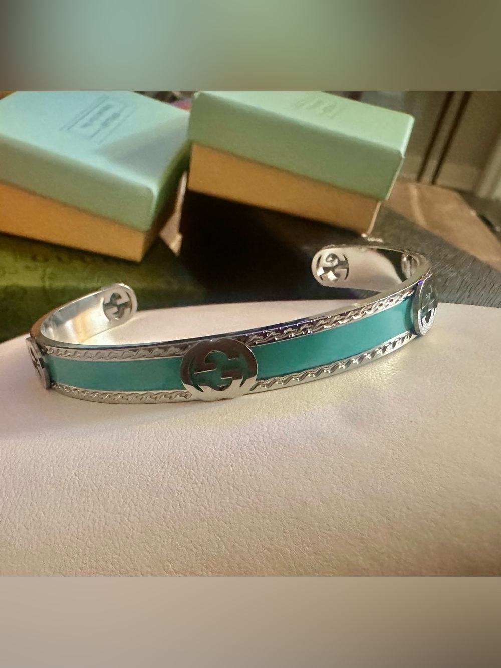 Fashion- Silver Cuff Bracelet with Turquoise Enamel Inlay
